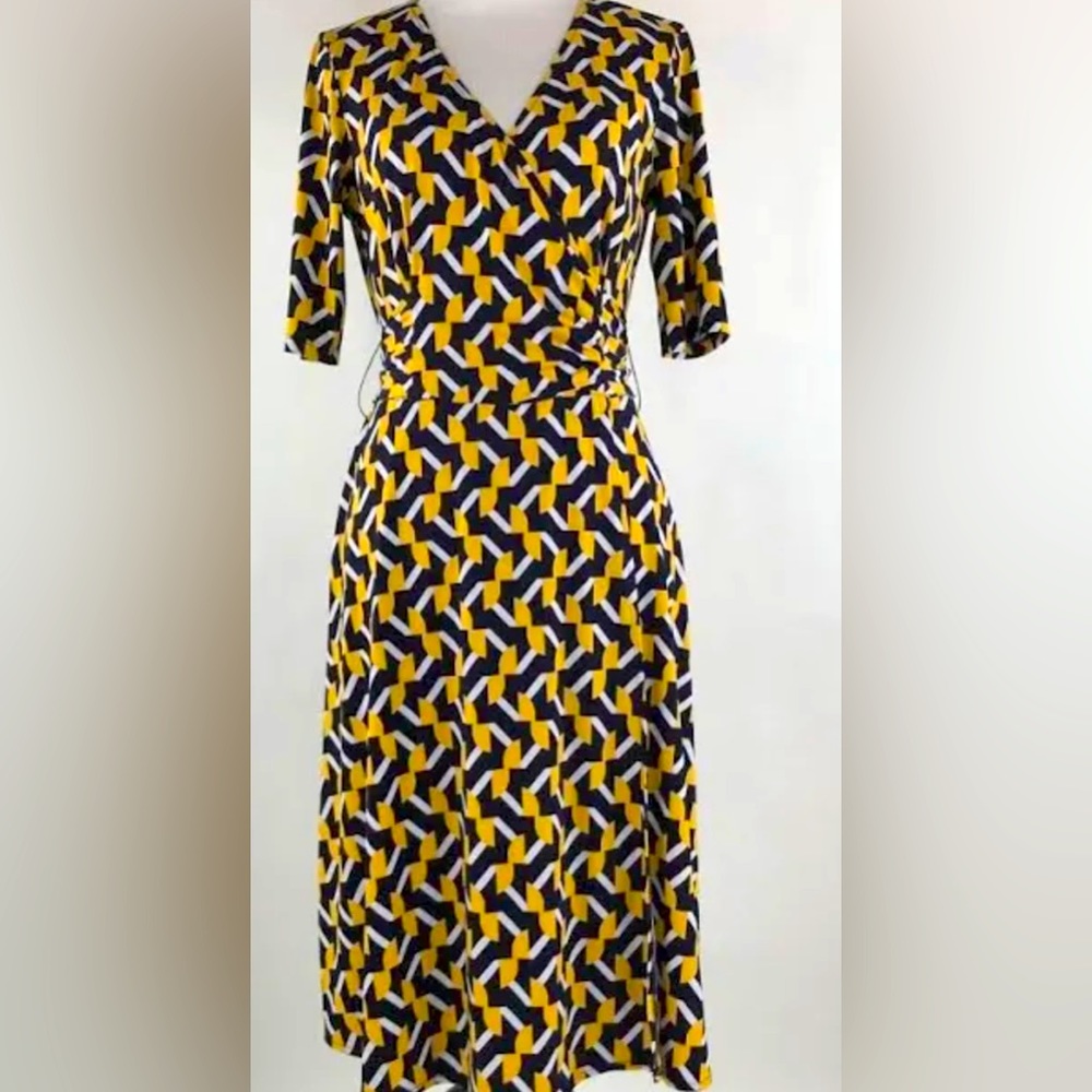 Only worn twice Julie Dillon yellow black white printed faux wrap dress belted